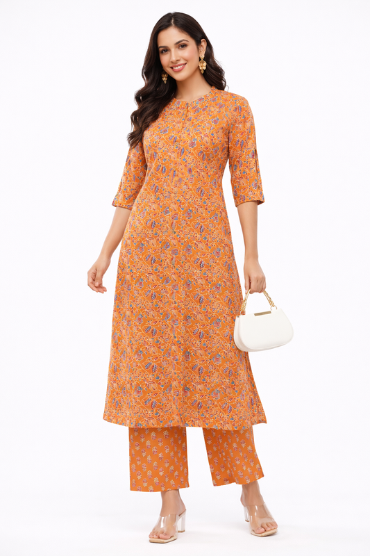 Women’s Mustard Ethnic Printed Cotton Kurta Set with Palazzo Pant