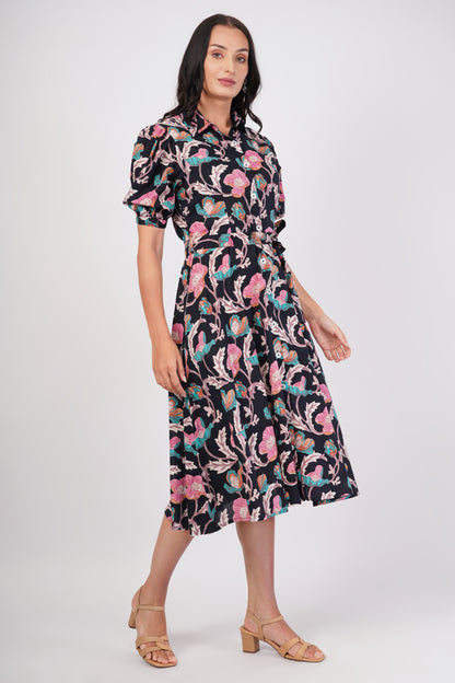 Midnight Love Short Sleeve Cotton Dress – Floral Elegance in Black