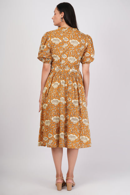 Sunpetal Bloom V-Neck Cotton Dress – Mustard Yellow Floral Midi
