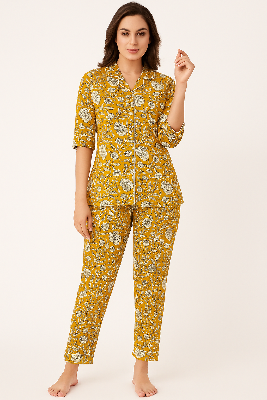 Marigold Floral Nightwear Matching Shirt Pajama Set