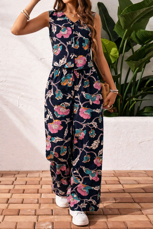 Cotton Midnight Floral Sleeveless Top & Palazzo Summer Casual Co-Ord Set