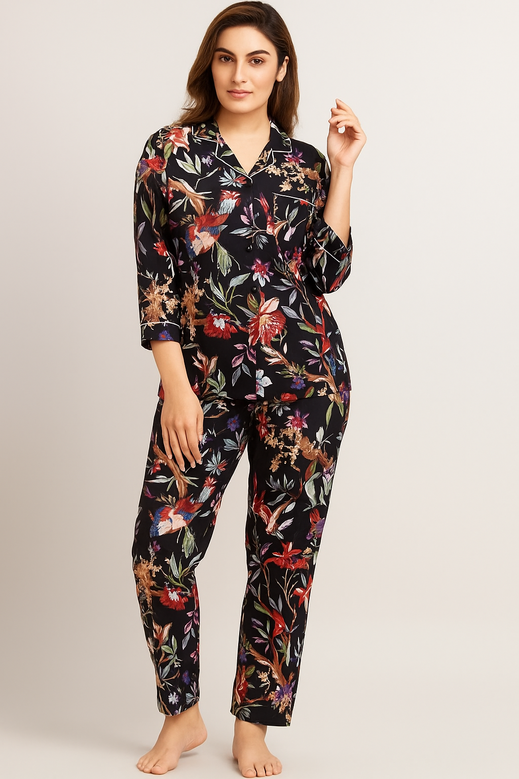 Midnight Love Cotton Floral Nightwear Matching Shirt Pajama Set