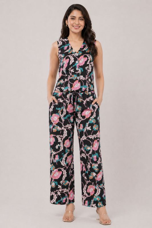 Cotton Midnight Floral Sleeveless Top & Palazzo Summer Casual Co-Ord Set