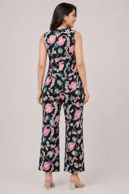 Cotton Midnight Floral Sleeveless Top & Palazzo Summer Casual Co-Ord Set