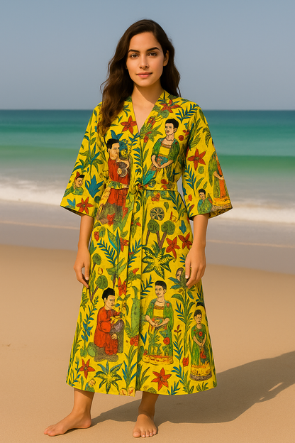 Cotton Printed Mustard Kahlo Kimono Kaftan Bathrobe