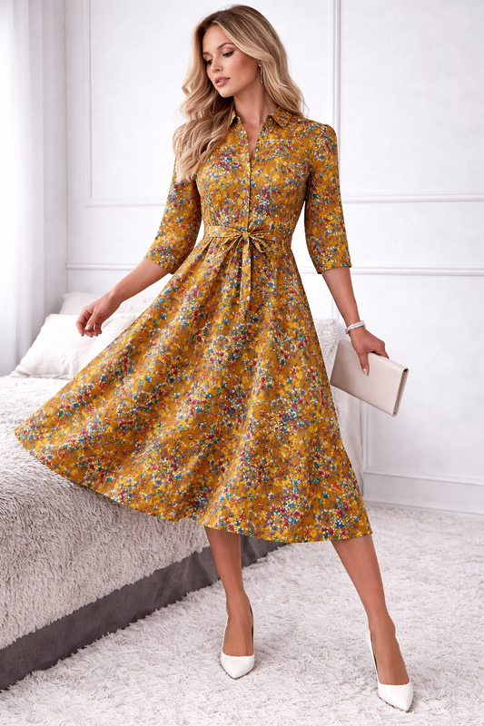 Women Cotton Mustard Floral Midi Dress | Casual A-Line Summer Dress