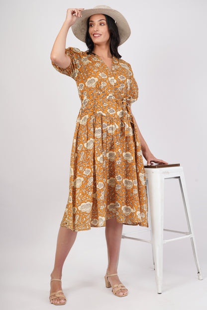 Sunpetal Bloom V-Neck Cotton Dress – Mustard Yellow Floral Midi