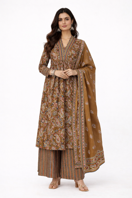Woman wearing a brown patterned traditional Paisley Print outfit with a dupatta on a white background