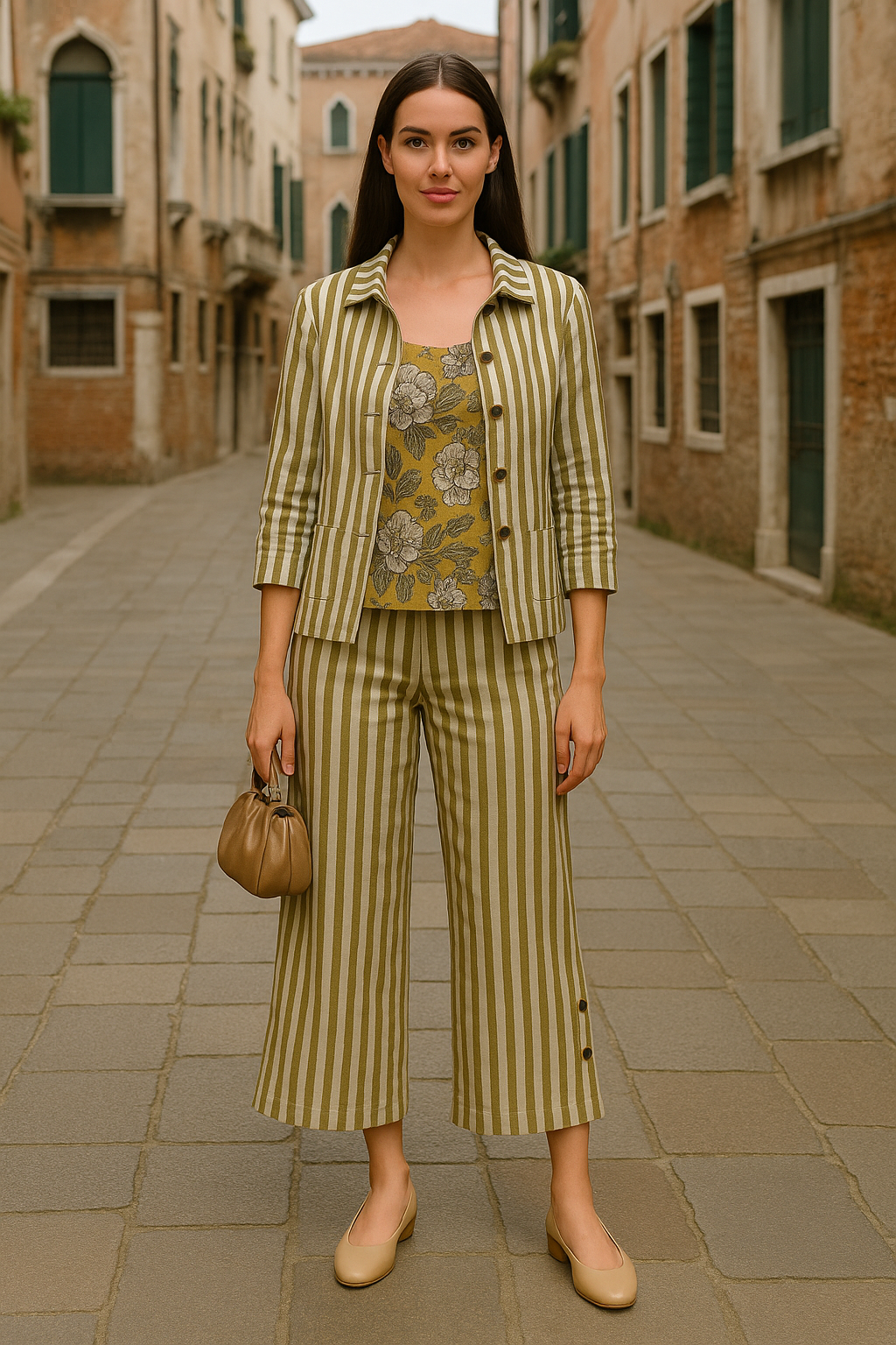 Olive Groove Stripe Floral Printed Women Cotton Co-Ord Set 3 Pcs&nbsp;