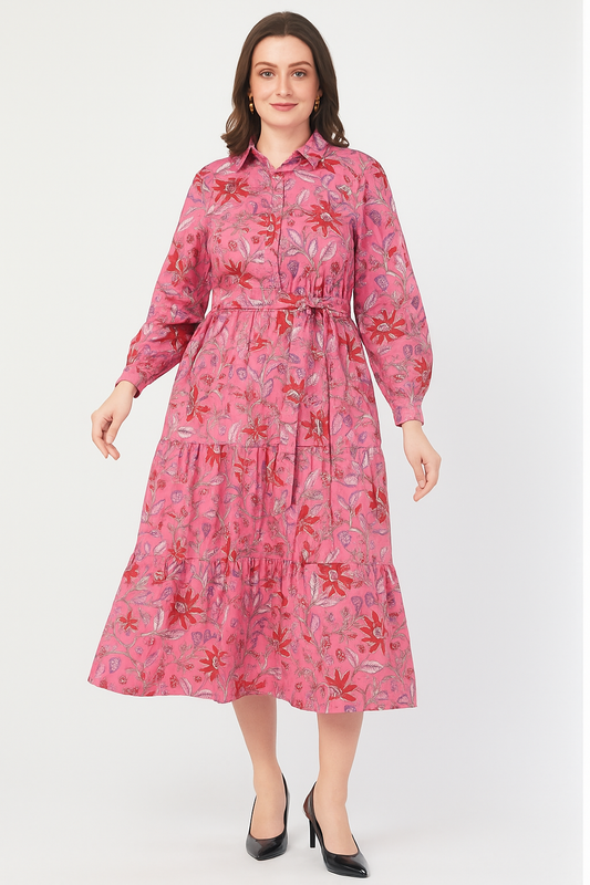 Vintage Rose Pink Floral Printed Long Cotton Tiered Dress Maxi