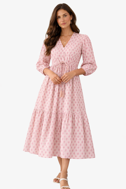 Pink Floral Gul Booti Cotton Midi Tiered Maxi Dress for Women