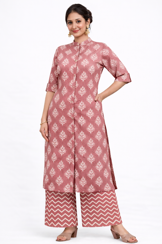 Women’s Pink Ethnic Printed Cotton Kurta Set with Palazzo Pant