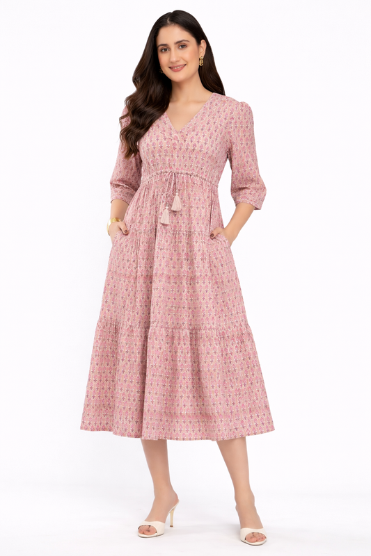 Pink Floral Gul Booti Cotton Midi Tiered Maxi Dress for Women