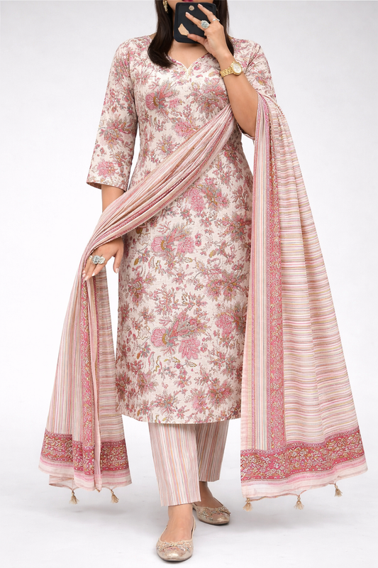 Woman wearing a floral pink traditional outfit with a dupatta on a white background