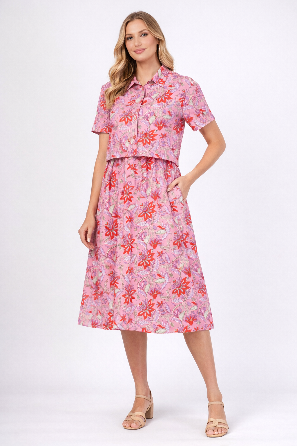 Vintage Rose Pink Floral Printed Long Cotton Dress Set
