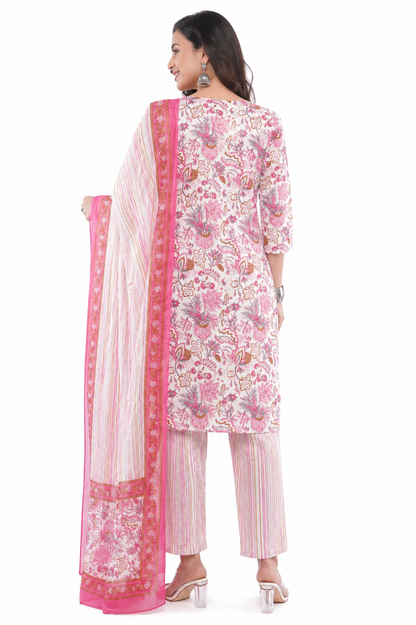 Women Cotton Pink Floral Printed Ethnic 3 Piece Kurta Pant Dupatta Set