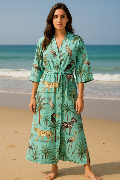 Cotton Safari Animal Printed Pistacho Kimono Kaftan Bathrobe