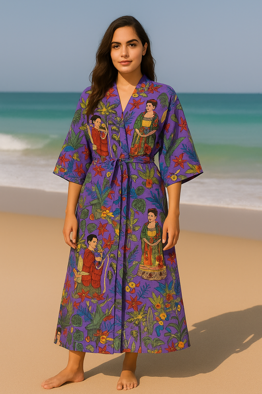 Cotton Printed Purple Kahlo Kimono Kaftan Bathrobe