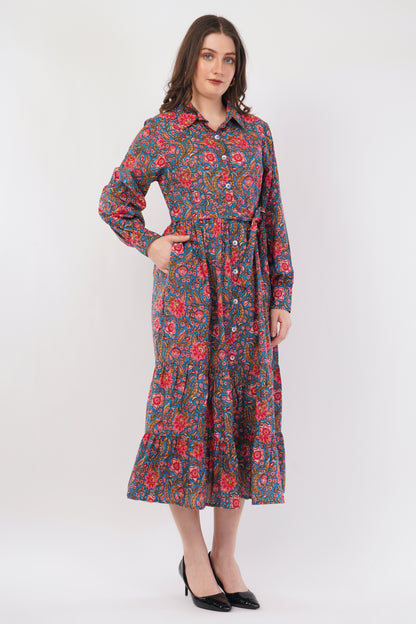 Hand Block Printed Teal Floral Garden Cotton Long Sleeve Dress