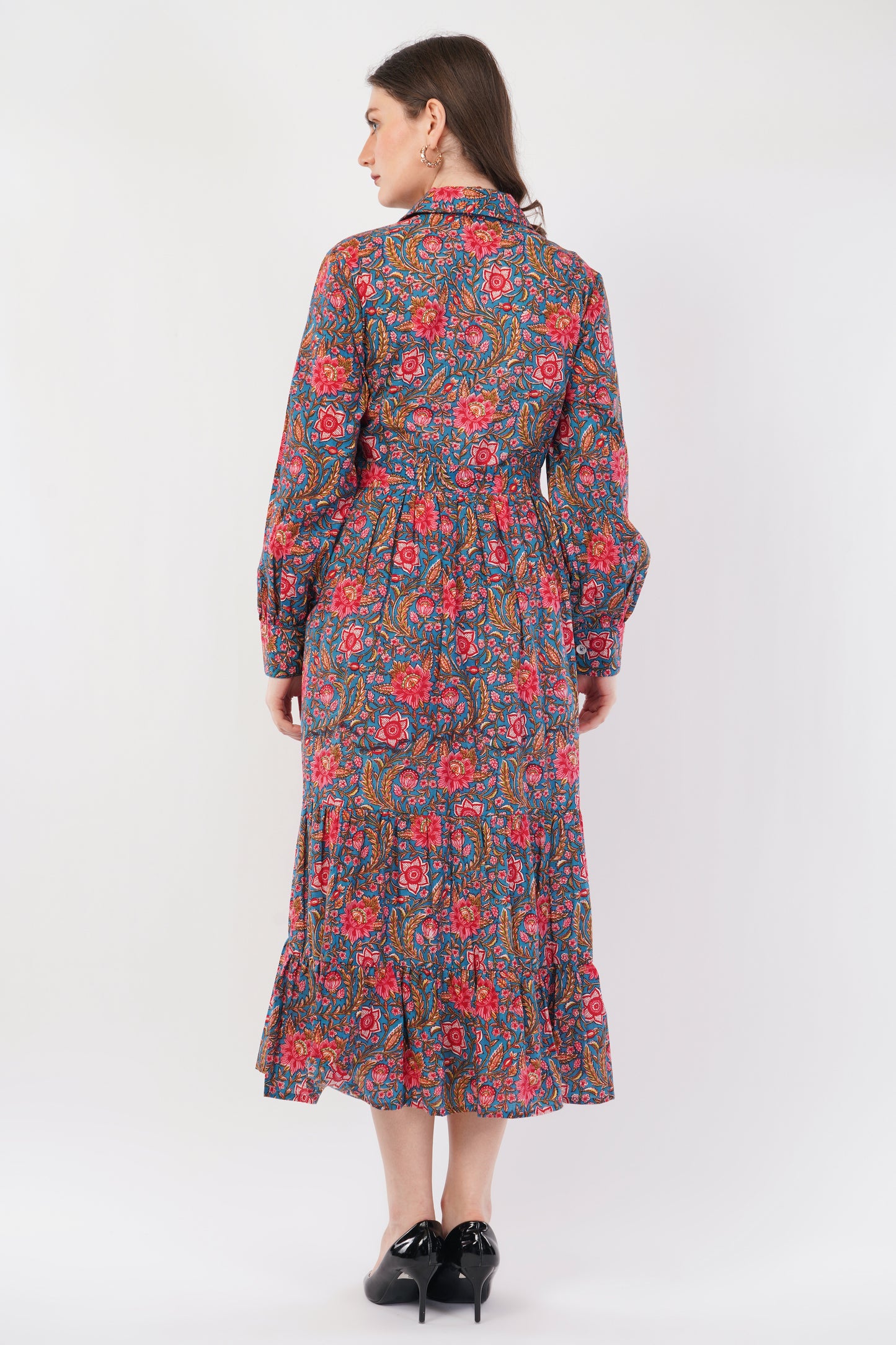 Hand Block Printed Teal Floral Garden Cotton Long Sleeve Dress
