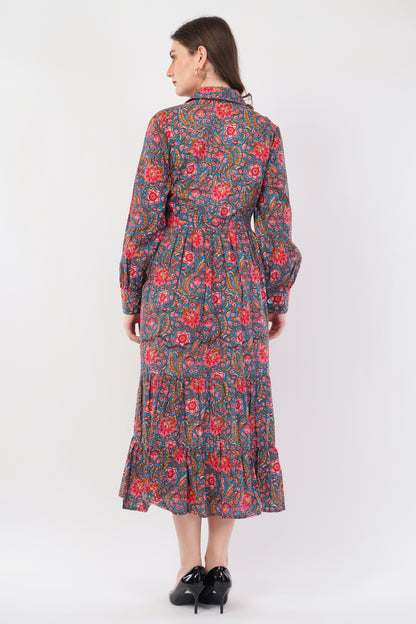 Hand Block Printed Teal Floral Garden Cotton Long Sleeve Dress