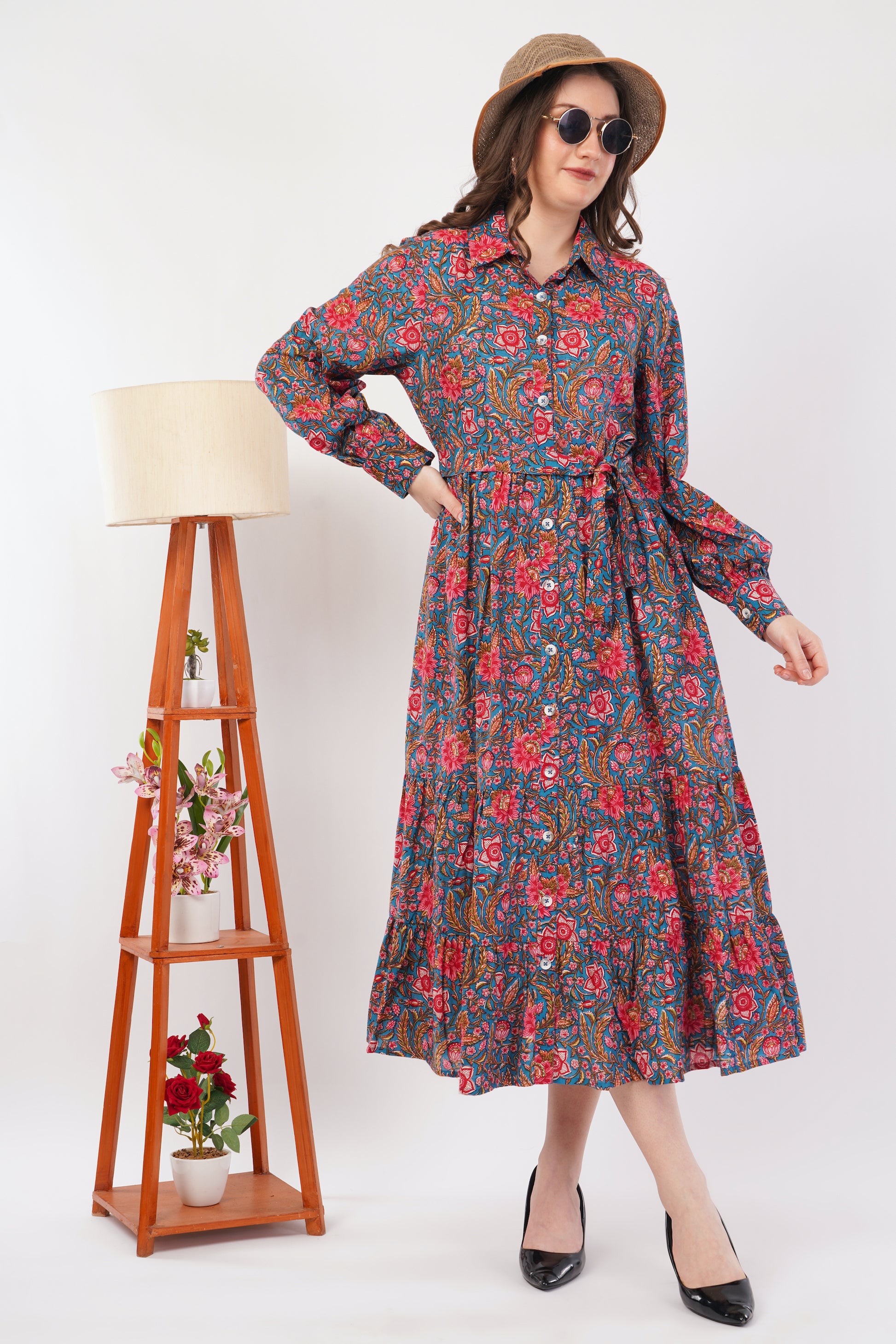 Teal Floral Cotton Shirt Dress | Long Indian Dress Adore India Teal Floral Cotton Shirt Dress | Long Indian Dress Adore India