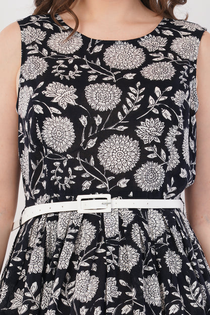 Hand Block Printed Cotton Sleeveless Floral Midi Dress – Noir Botanica
