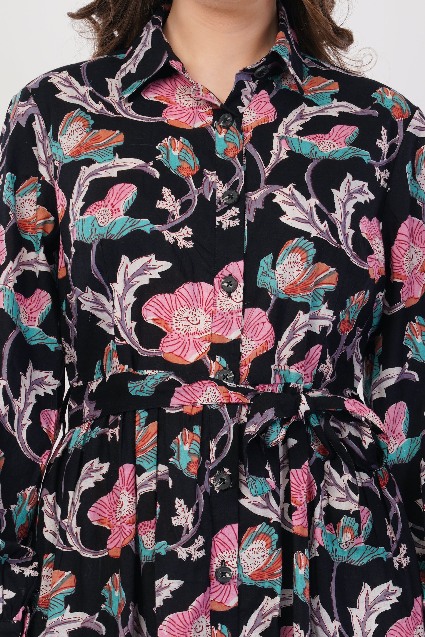 Hand Block Printed Cotton Shirt Dress – Midnight Bloom
