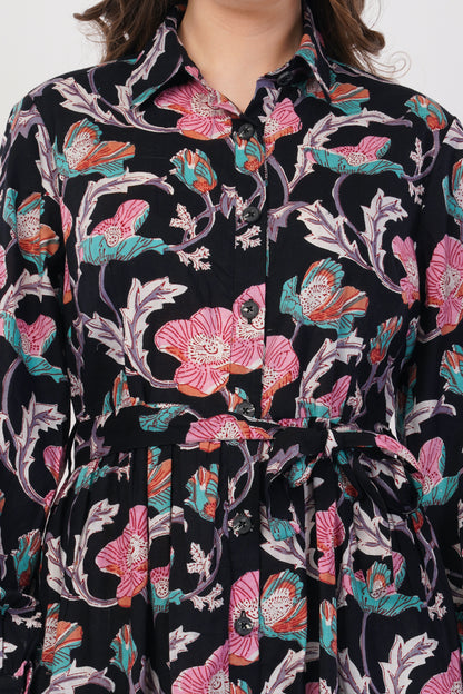 Hand Block Printed Cotton Shirt Dress – Midnight Bloom
