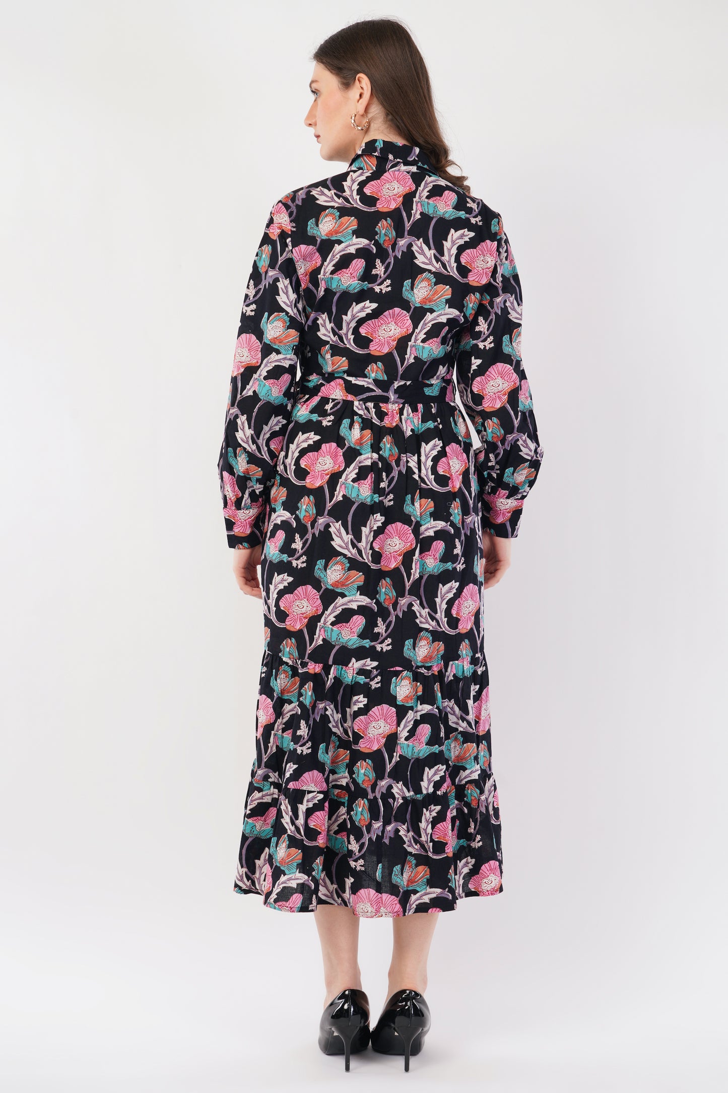 Hand Block Printed Cotton Shirt Dress – Midnight Bloom