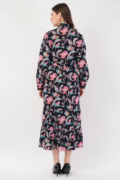 Hand Block Printed Cotton Shirt Dress – Midnight Bloom