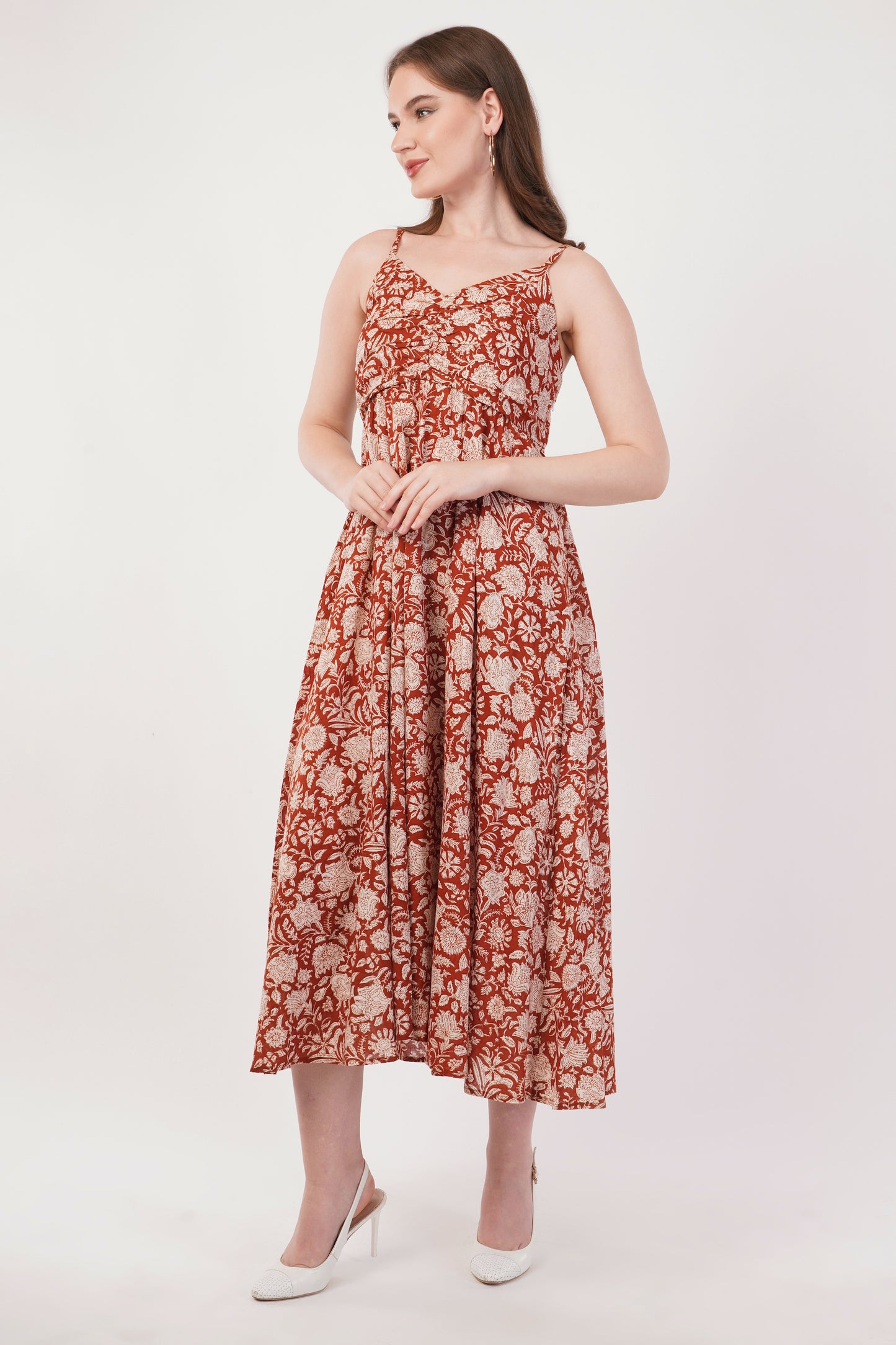 Hand Block Printed Cotton Strap Dress – Rust Blossom