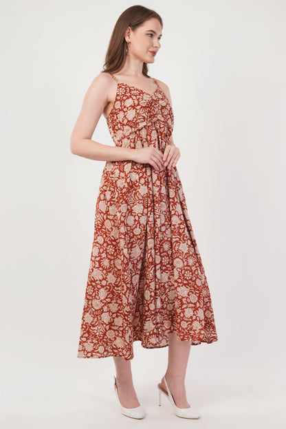 Hand Block Printed Cotton Strap Dress – Rust Blossom