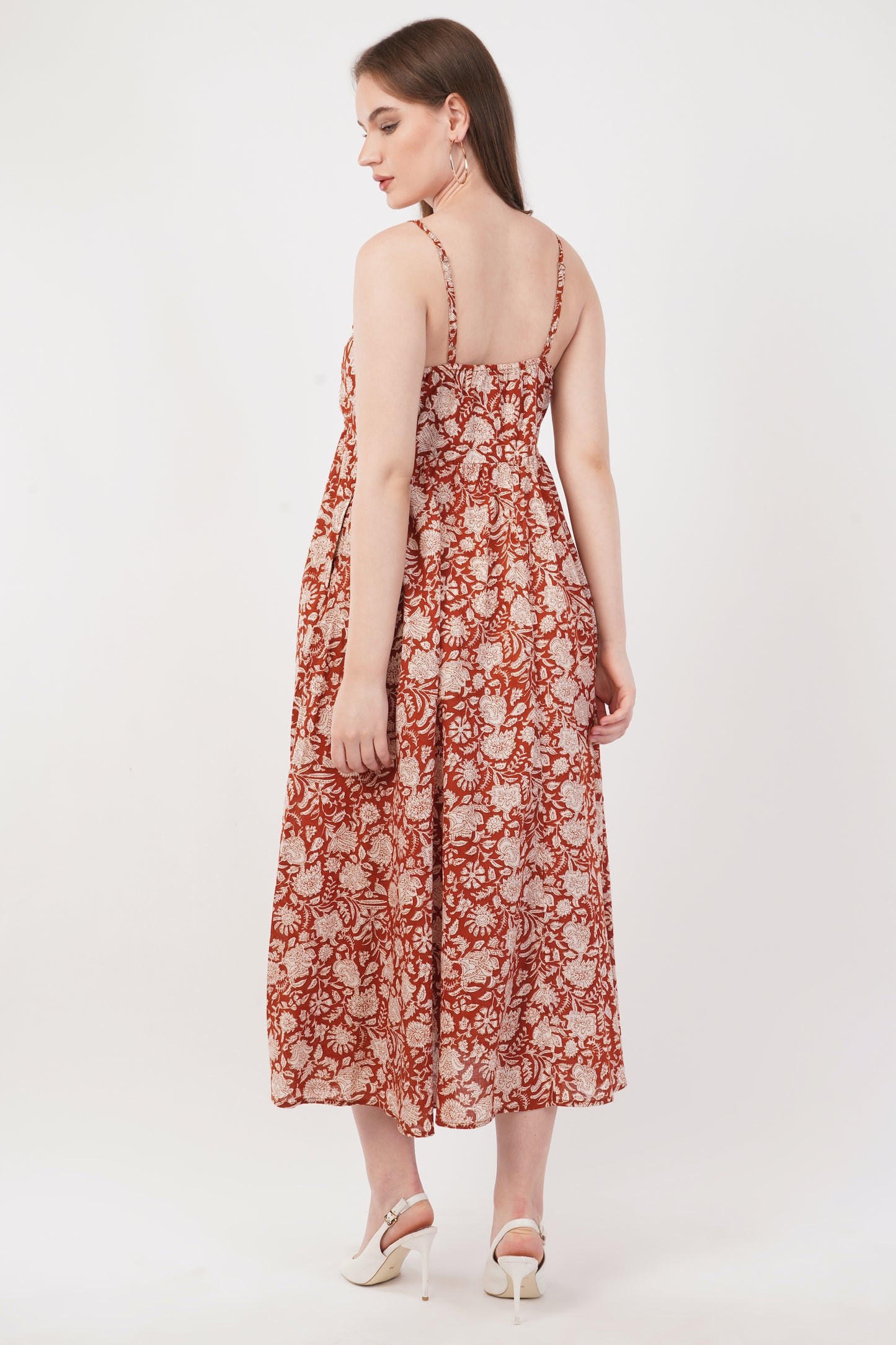 Hand Block Printed Cotton Strap Dress – Rust Blossom