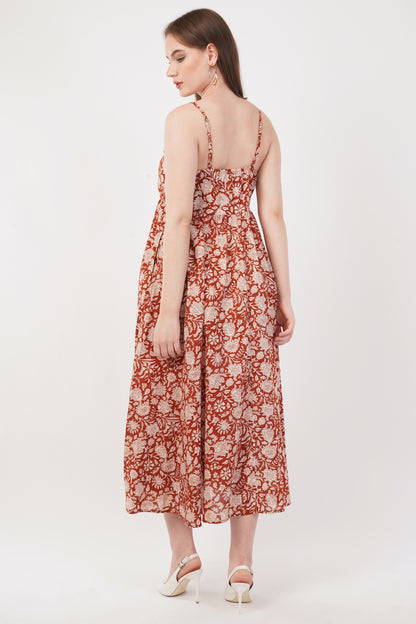Hand Block Printed Cotton Strap Dress – Rust Blossom
