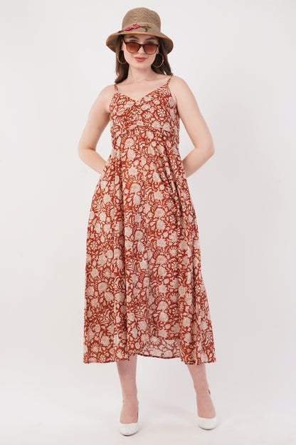 Hand Block Printed Cotton Strap Dress – Rust Blossom