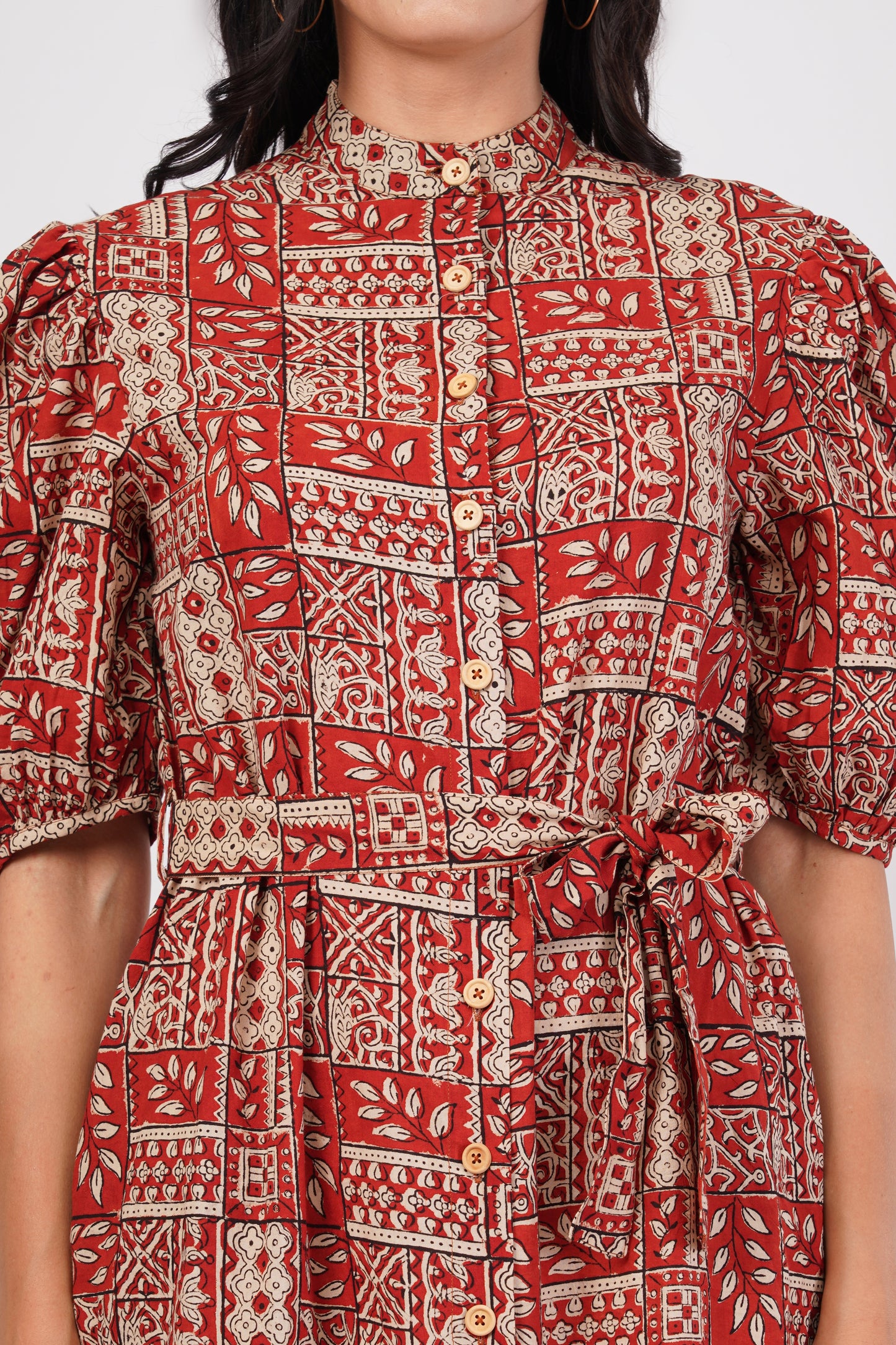 Rust Riwaayat Long Cotton Traditional Hand Block Printed Tiered Dress