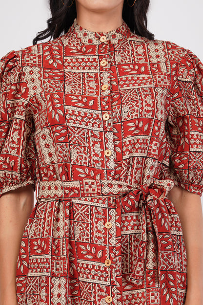 Rust Riwaayat Long Cotton Traditional Hand Block Printed Tiered Dress