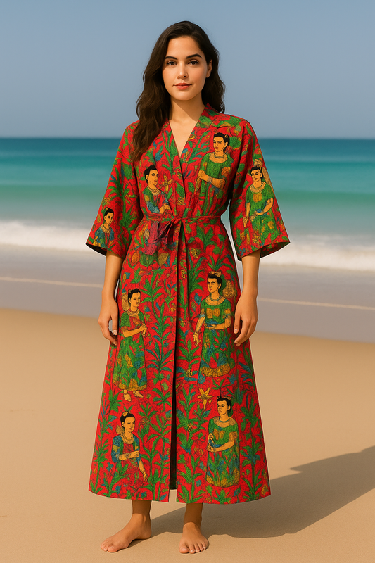 Cotton Printed Red Kahlo Kimono Kaftan Bathrobe