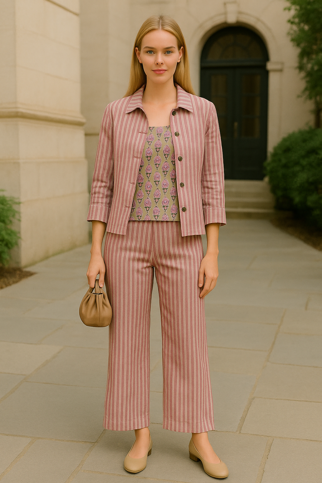 Rosewood Harmony Stripe Floral Printed Women Cotton Co-Ord Set 3 Pcs