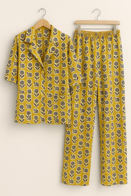 Sanjh Mustard Floral Hand Printed Women Cotton Co-Ord Set
