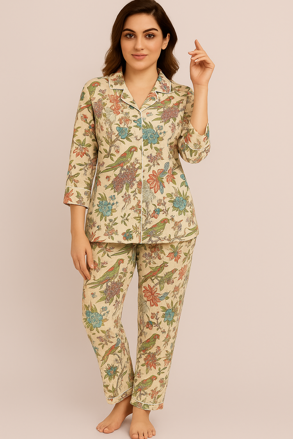Tropical Aviary Cotton Floral Nightwear Matching Shirt Pajama Set