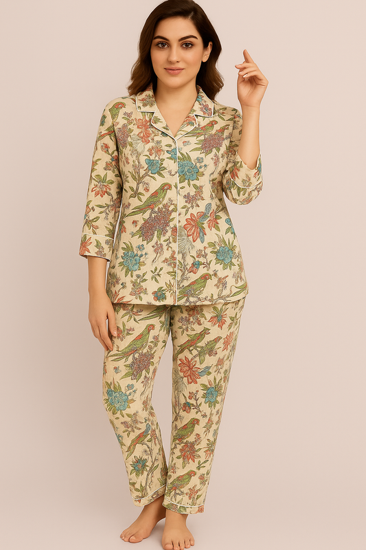 Tropical Aviary Cotton Floral Nightwear Matching Shirt Pajama Set