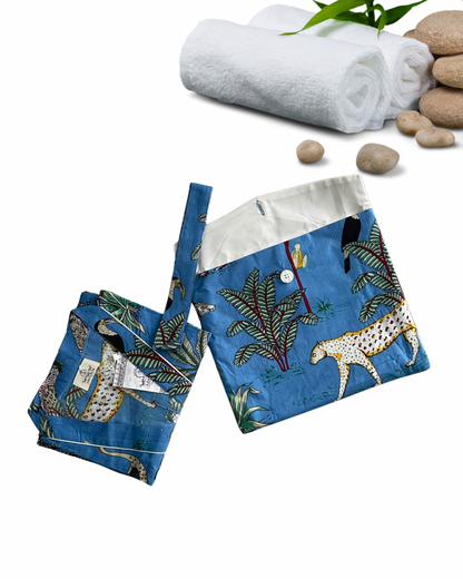 Beautiful Cotton Safari Animal Printed Lt Blue Kimono Kaftan Bathrobe
