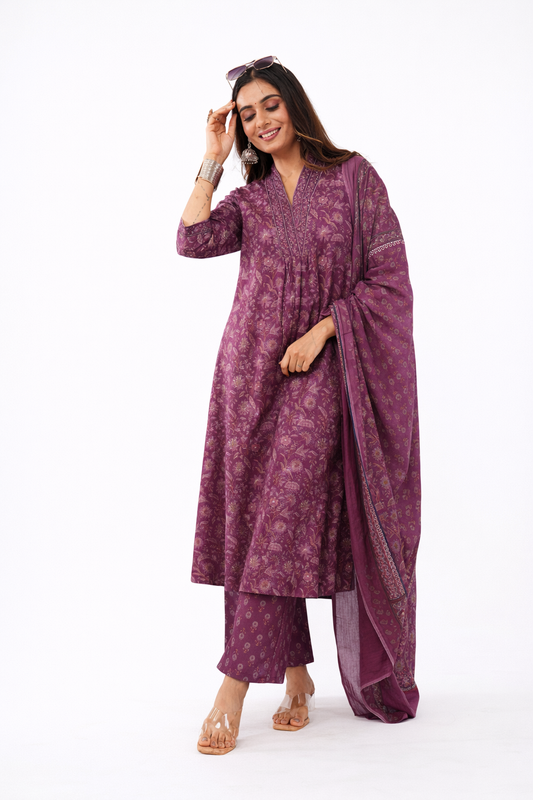 Women Cotton Ethnic Wine Printed Anarkali Style 3 Piece Kurti Palazzo Set With Dupatta