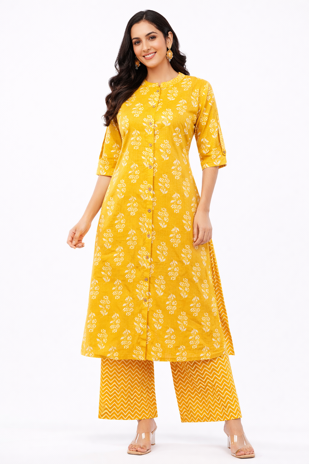 Women’s Yellow Floral Ethnic Printed Cotton Kurta Set with Palazzo Pant