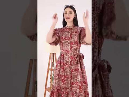 Rust Riwaayat Long Cotton Traditional Hand Block Printed Tiered Dress